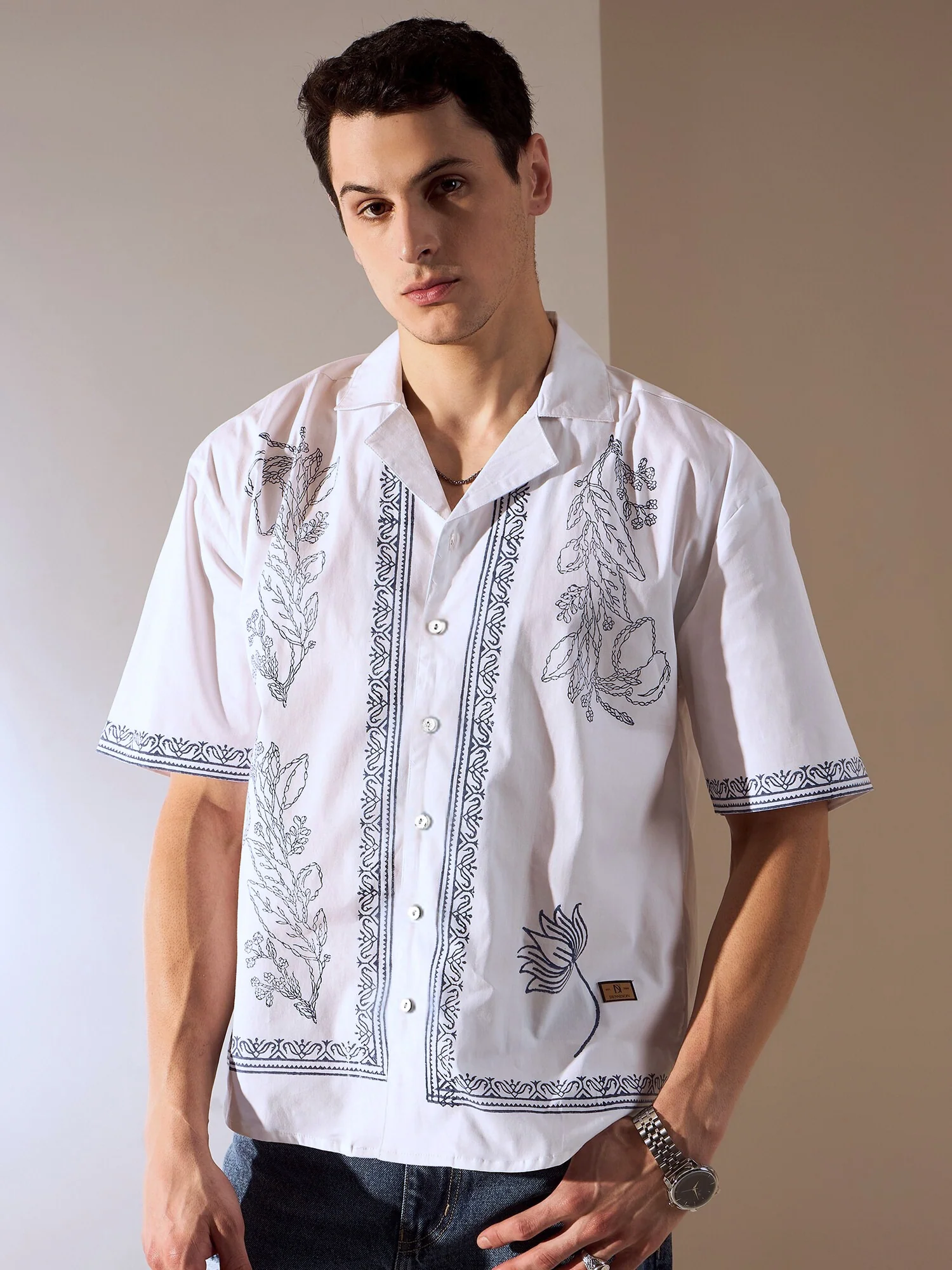 Off White: Half Sleeves Hand Block Oversized Shirt