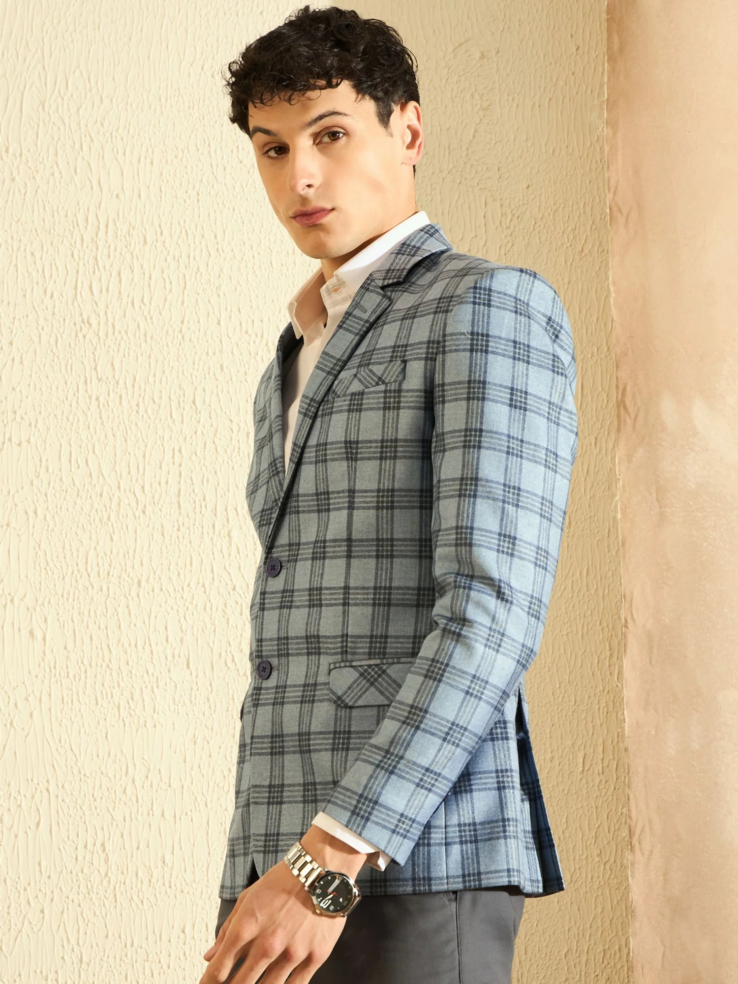 DENNISON Men Light Blue Checked Single Breasted Blazer