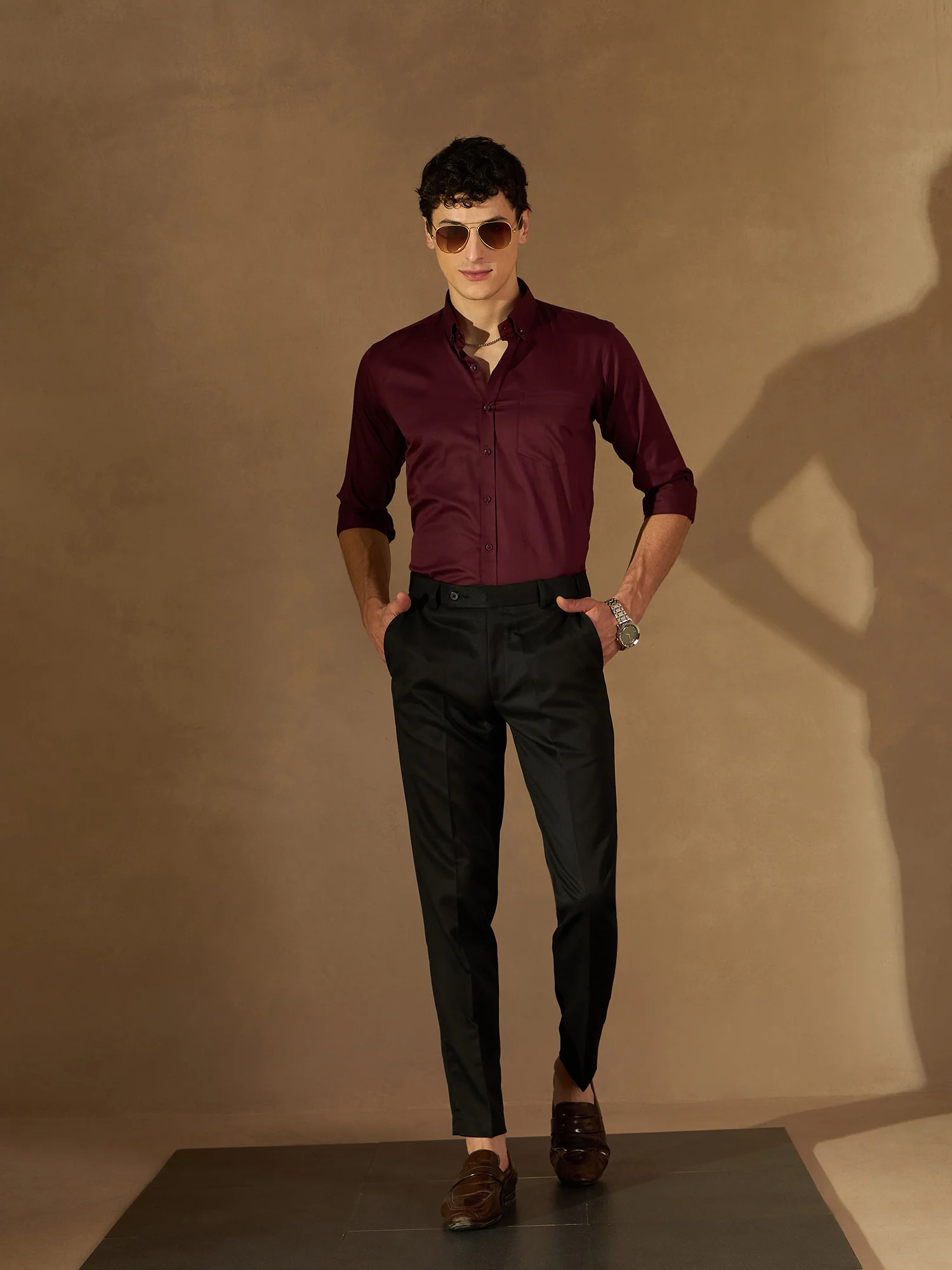 DENNISON Men Burgundy Twill Comfort Regular Fit Solid Formal Shirt