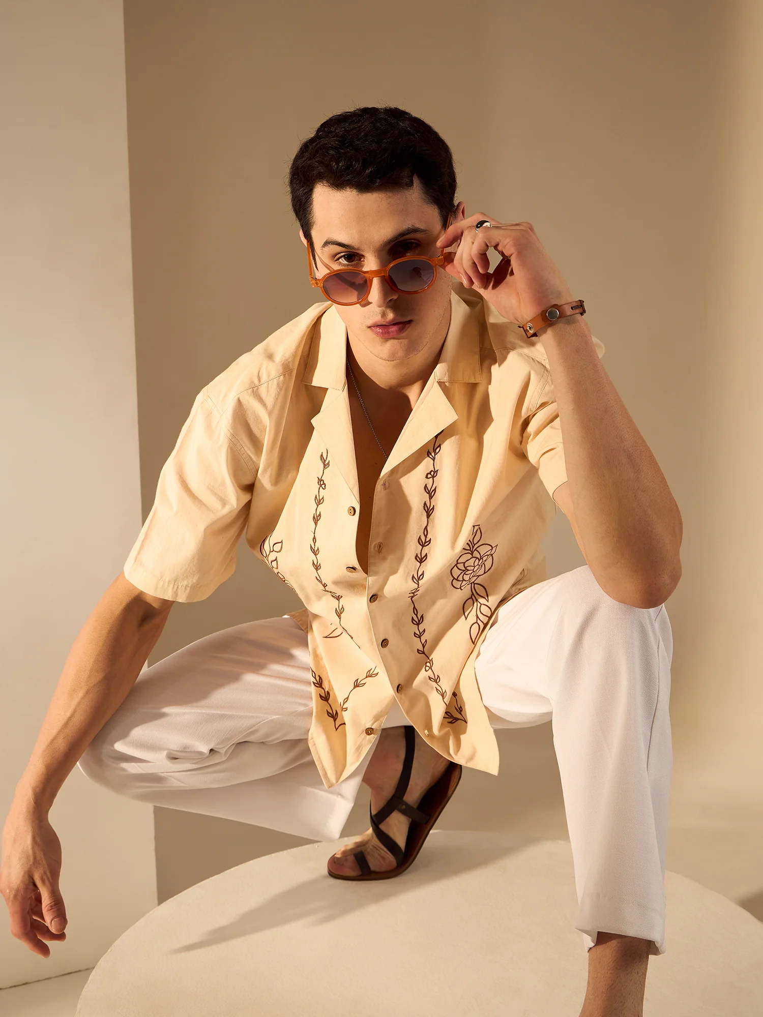 Beige:Half Sleeves Embroidery Cotton Shirt