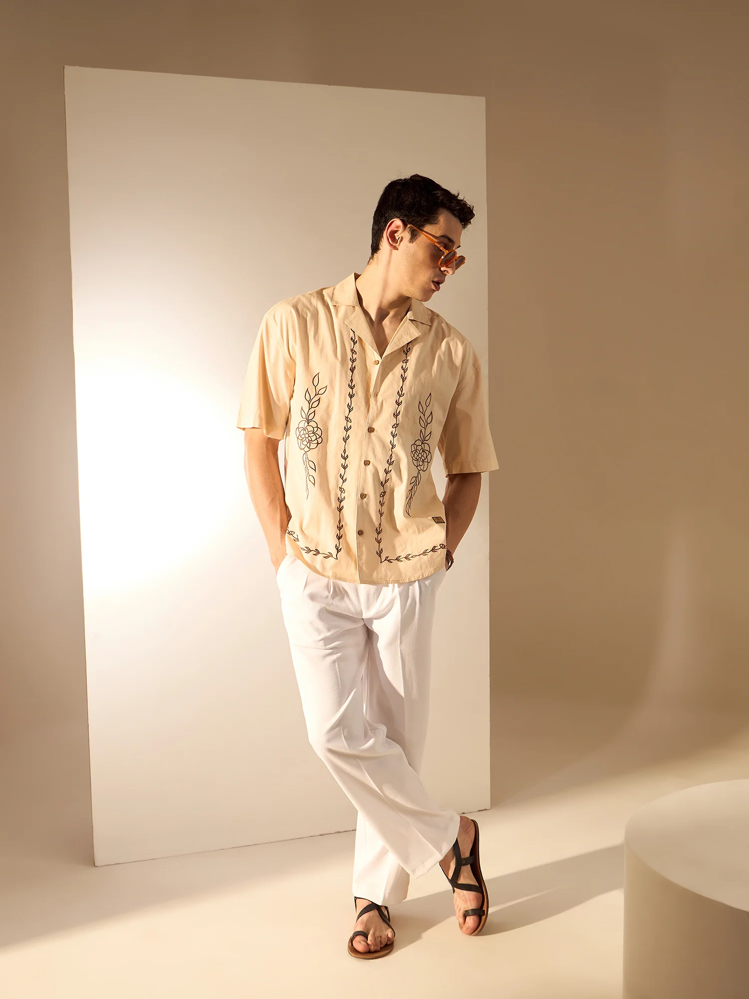 Beige:Half Sleeves Embroidery Cotton Shirt