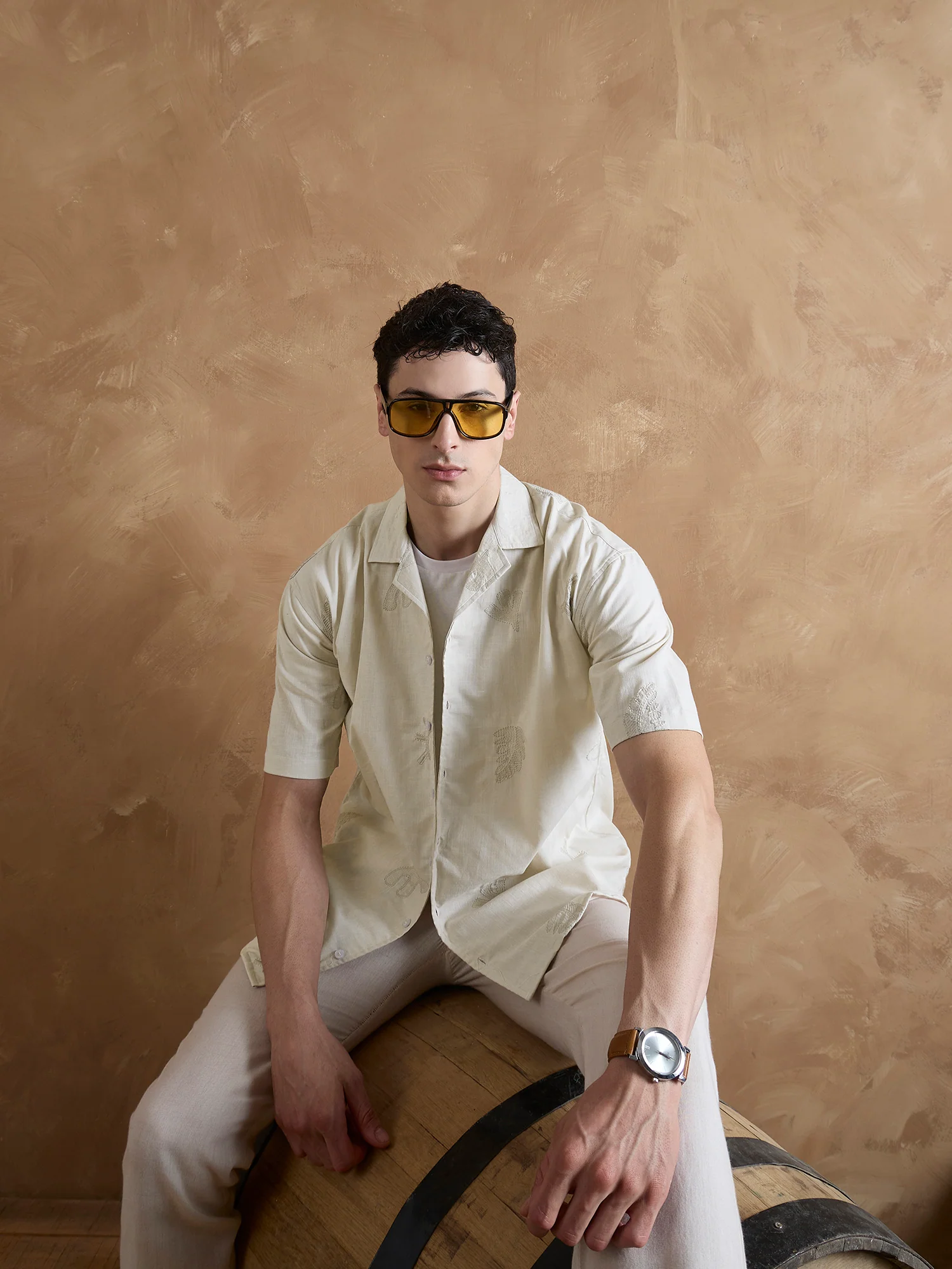 Beige: Half Sleeves Embroidered Shirt