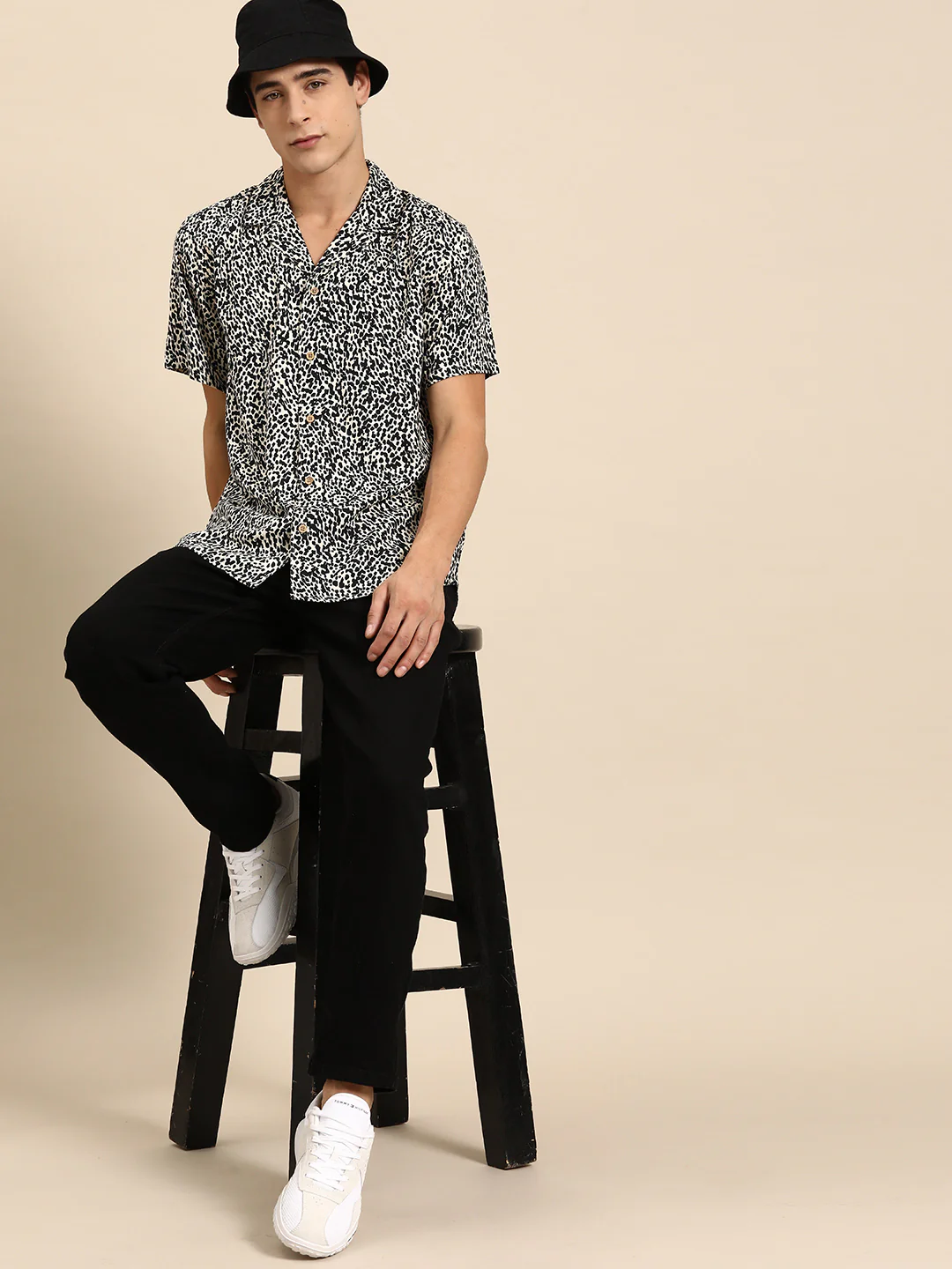 Cream & Black: Half Sleeves Cuban Collar Abstract Printed Shirt