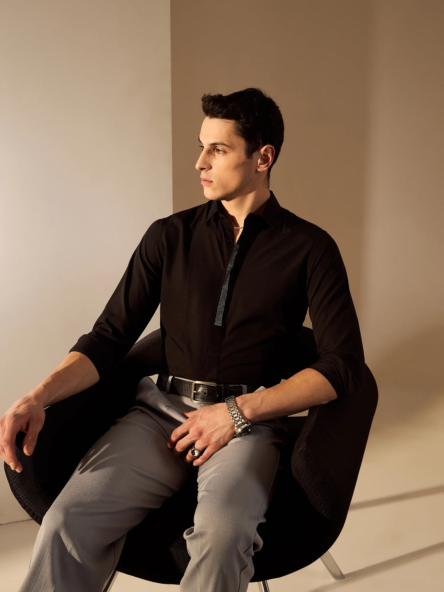 Black: Full Sleeves Embellished Polycotton Party Shirt