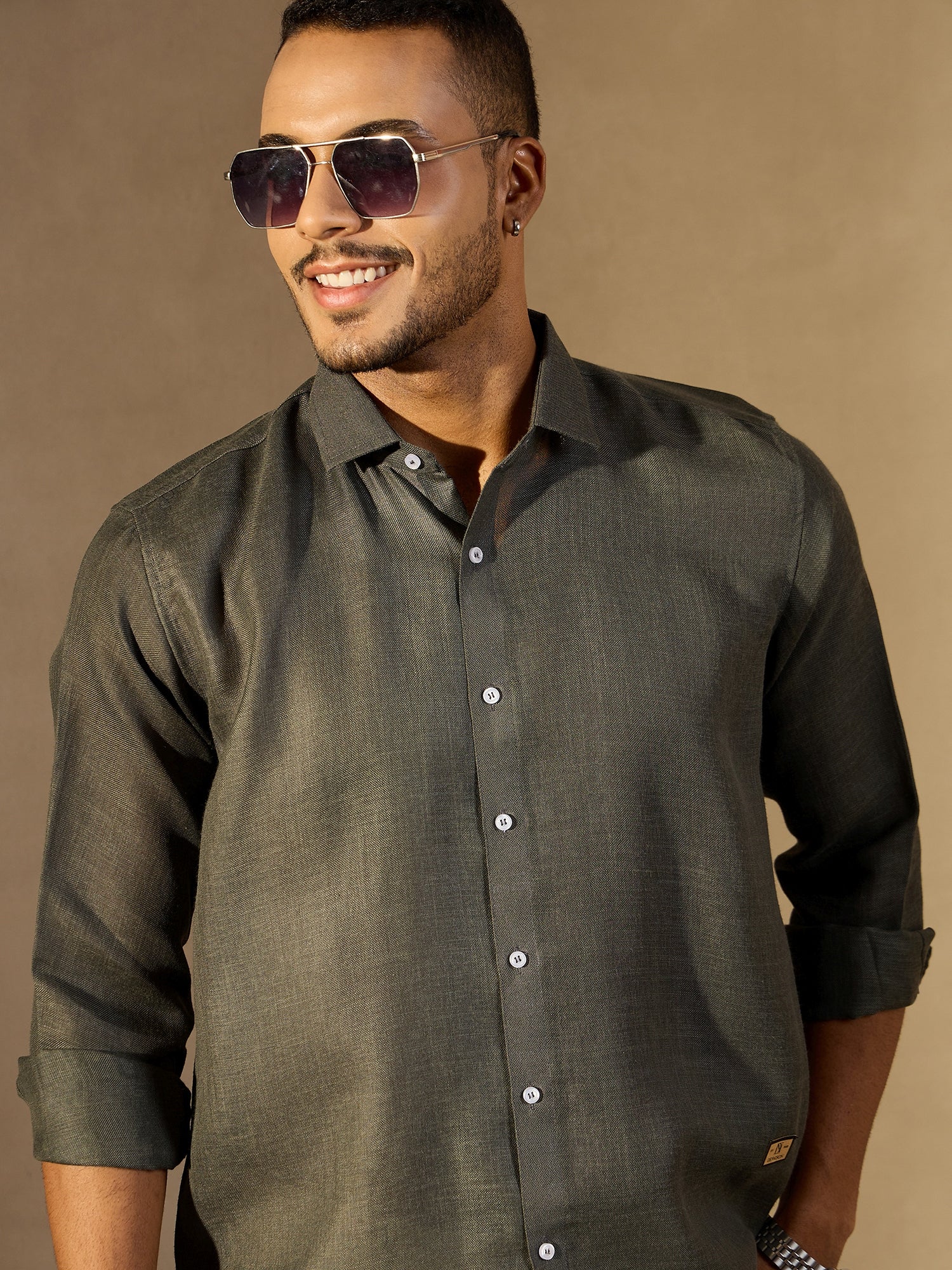 Olive Green Simple Oversized Linen Shirt