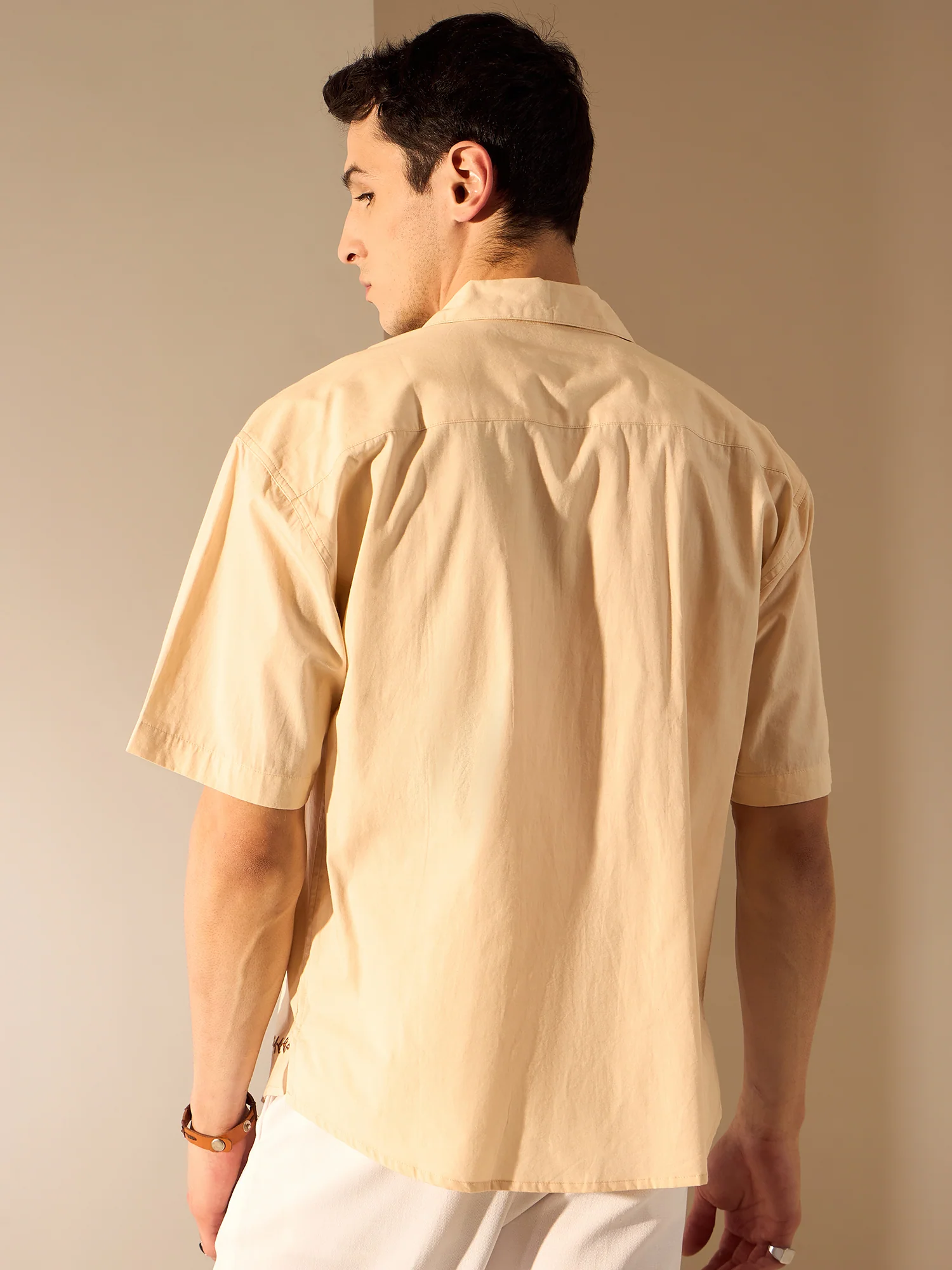 Beige:Half Sleeves Embroidery Cotton Shirt