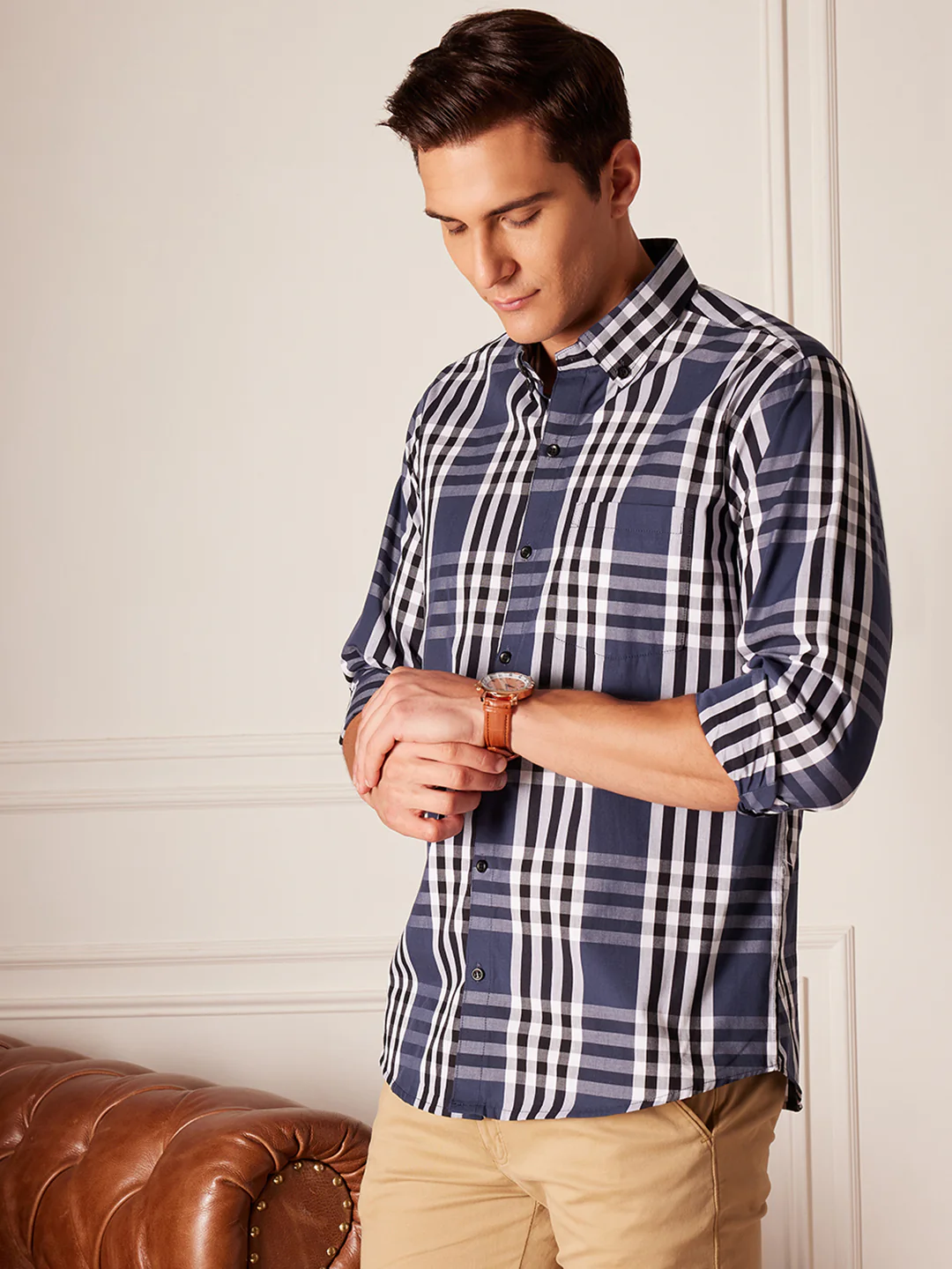 DENNISON Smart Tartan Checked Button-Down Collar Cotton Casual Shirt