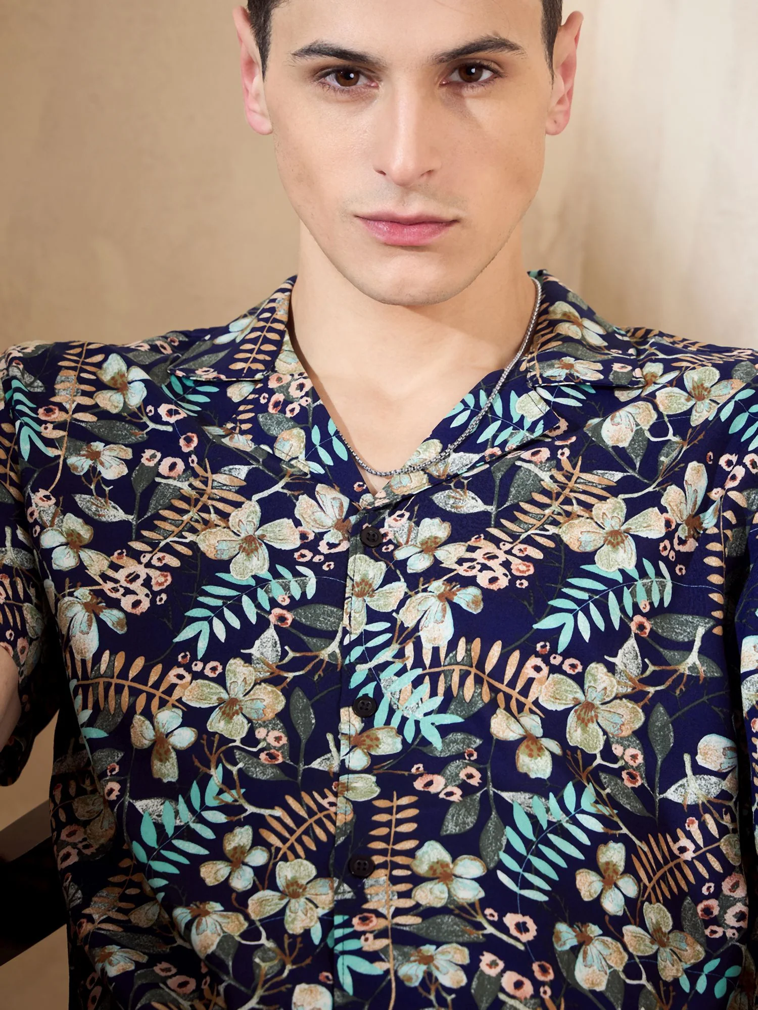 Men's Navy Blue Comfort Fit Coord Set | Printed Shirt With Shorts