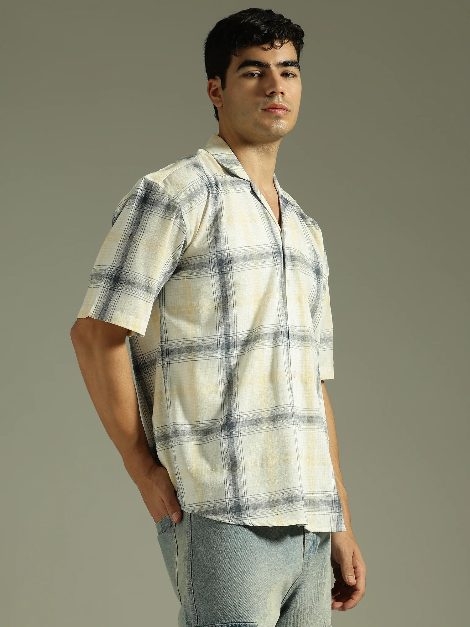 White & Beige: Half Sleeves Windowpane Checks Shirt