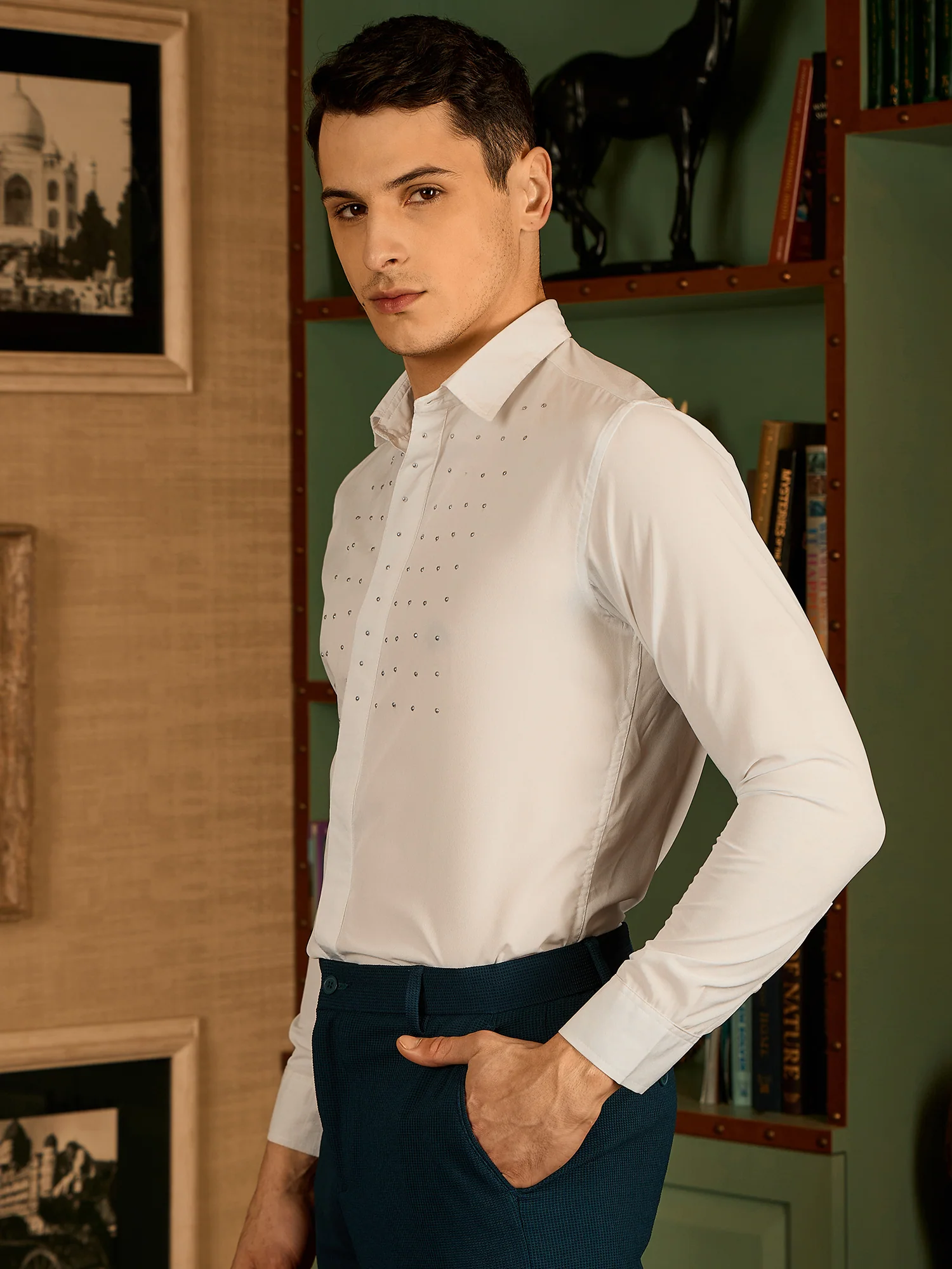 White: Long Sleeves Embellished Party Wear Shirt