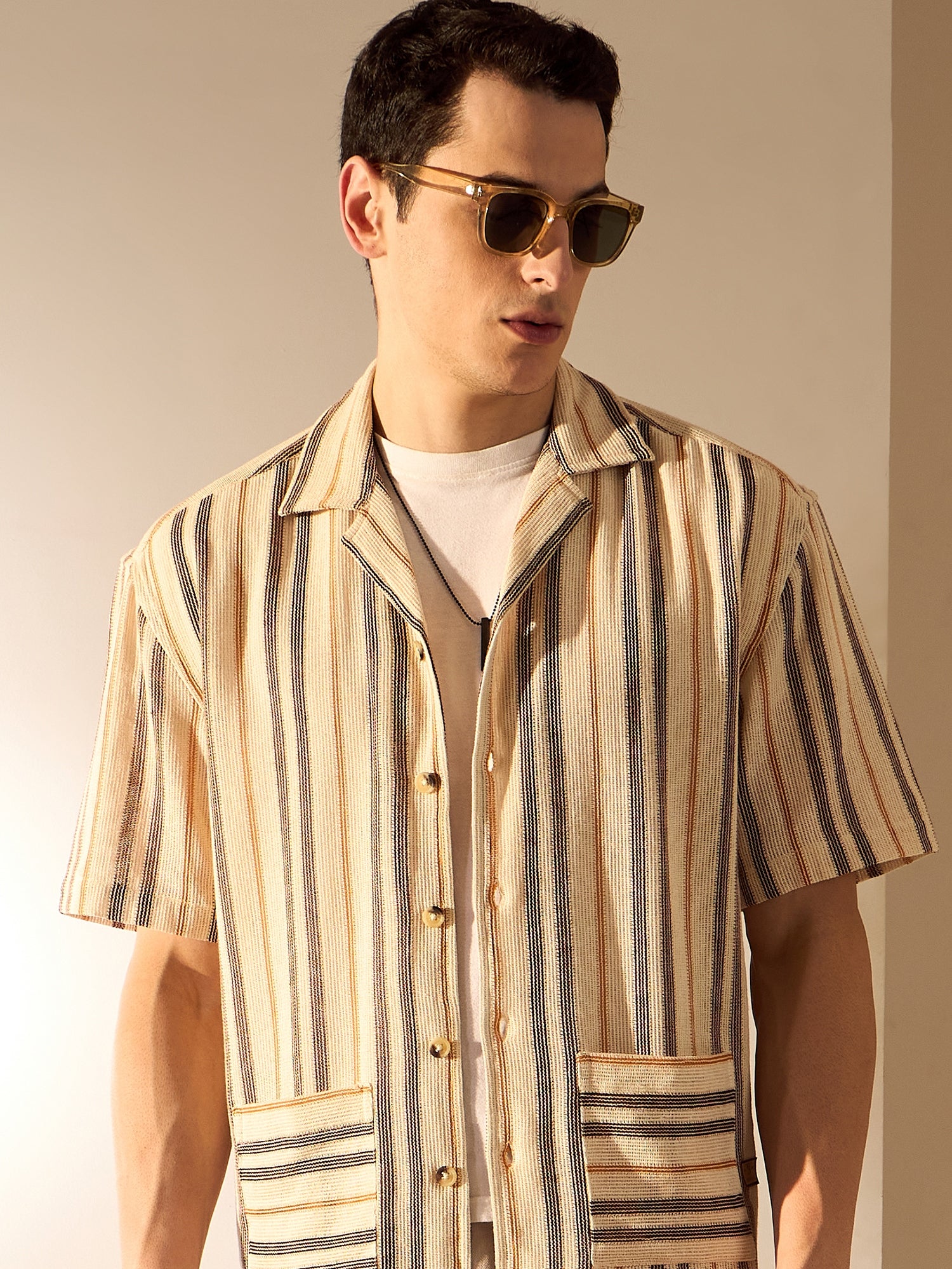 Beige & Brown: Half Sleeve Crochet Oversized Striped Shirt