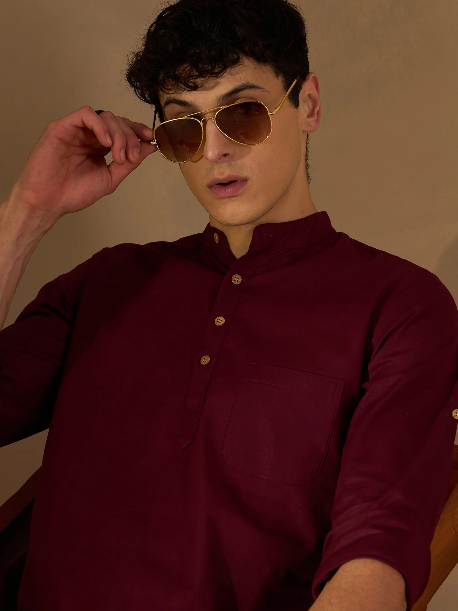 DENNISON Men Maroon Pure Cotton Solid Kurta