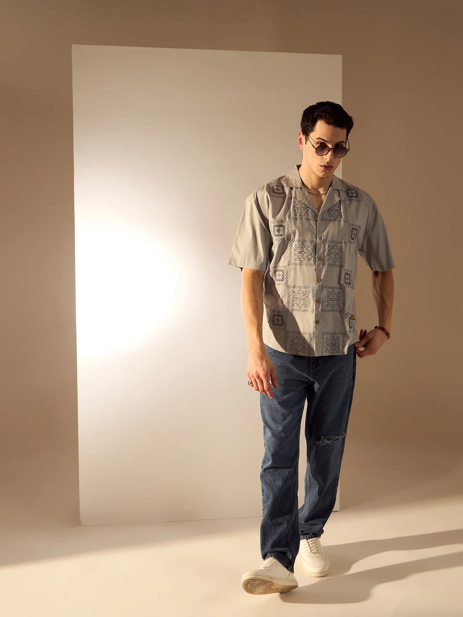 Grey: Half Sleeves Embroidery Shirt