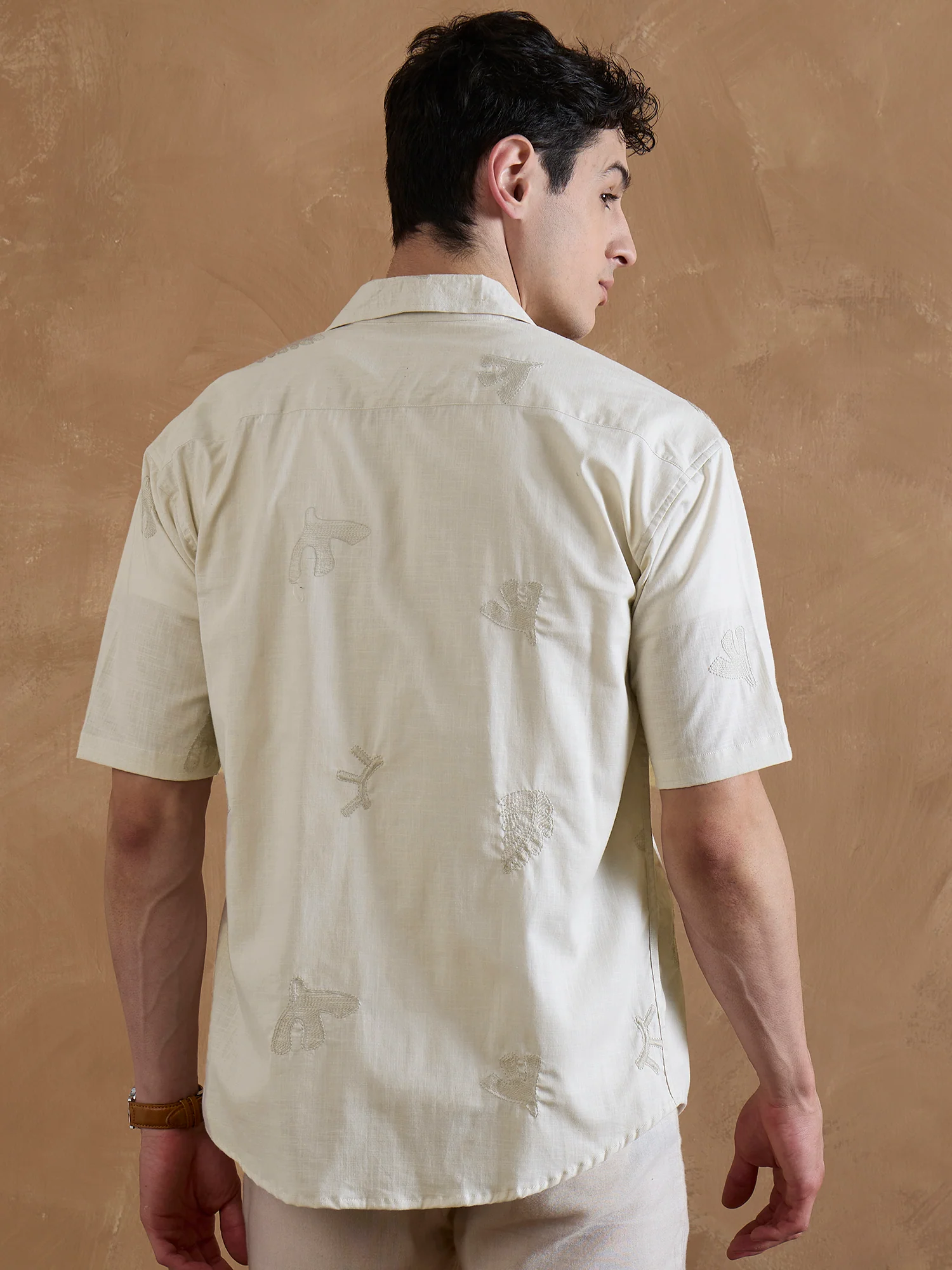 Beige: Half Sleeves Embroidered Shirt