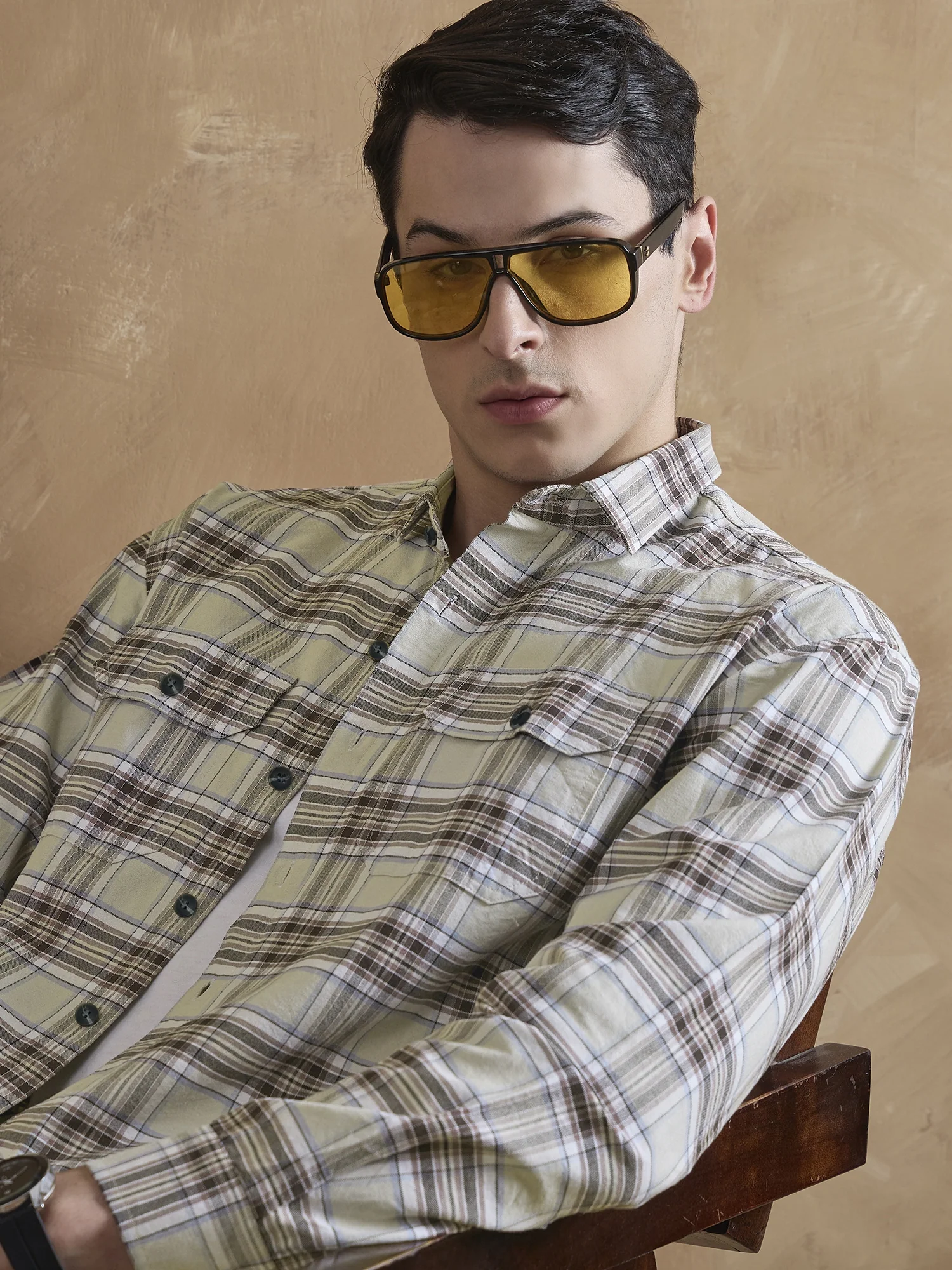 Cream & Brown: Full Sleeves Double Pocket Checkered Shirt