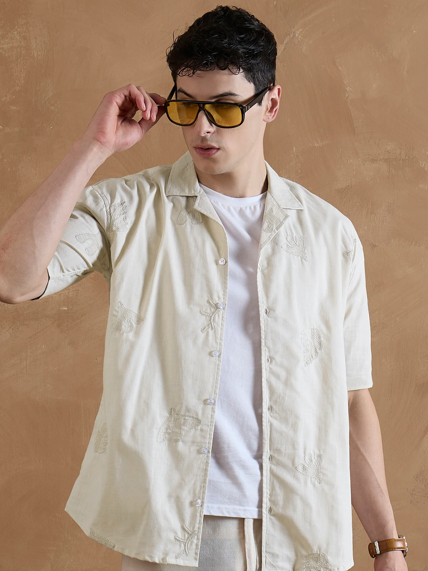 Beige: Half Sleeves Embroidered Shirt