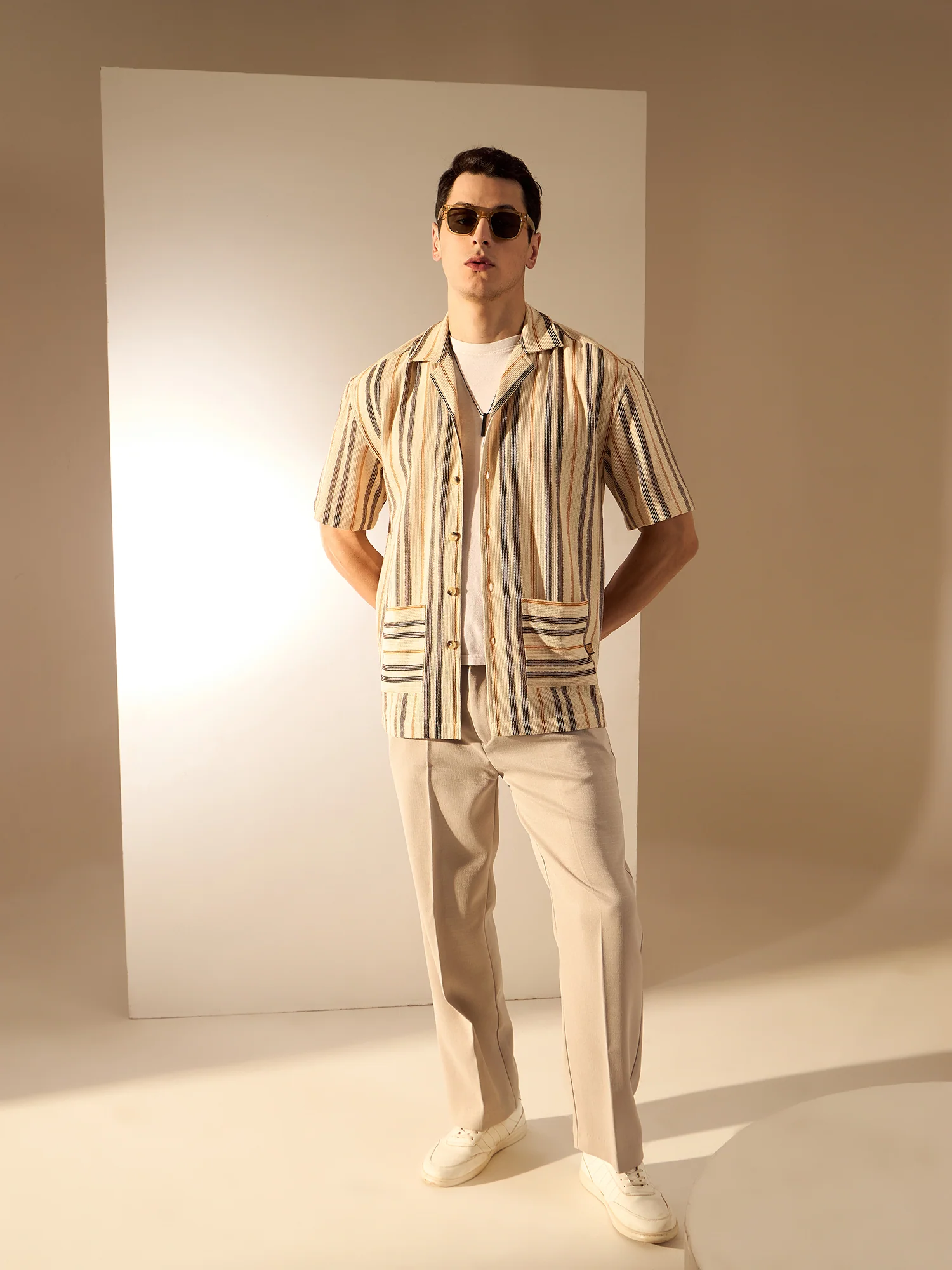 Beige & Brown: Half Sleeve Crochet Oversized Striped Shirt