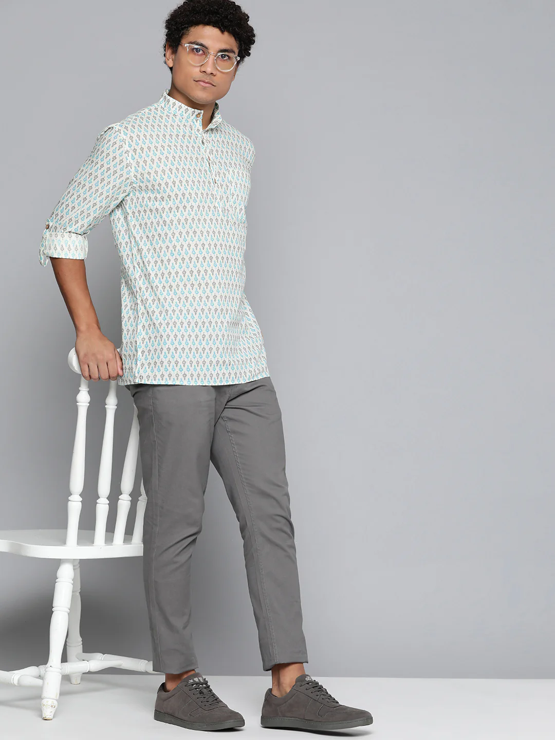 DENNISON Men White & Blue Block Printed Kurta