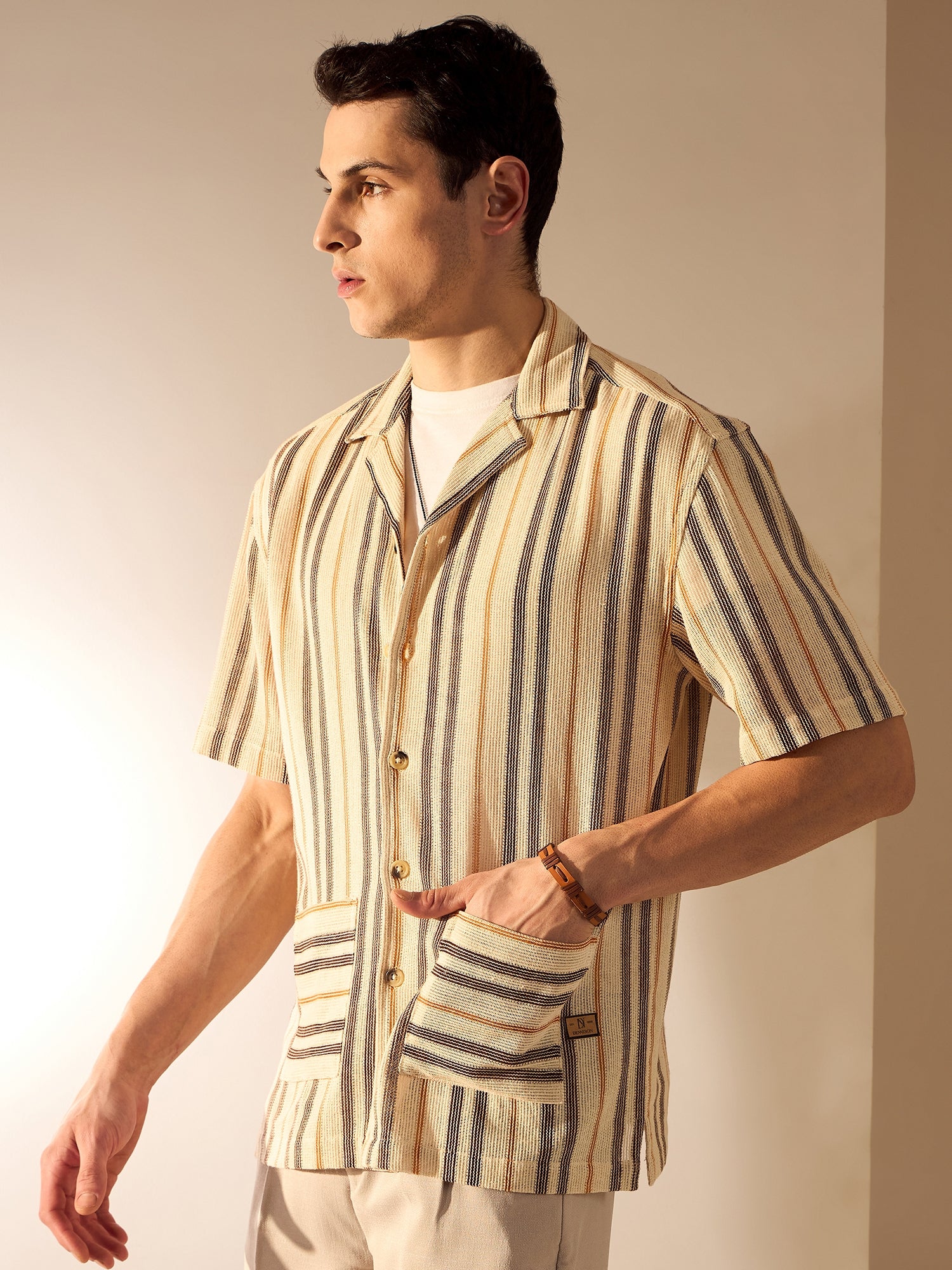Beige & Brown: Half Sleeve Crochet Oversized Striped Shirt