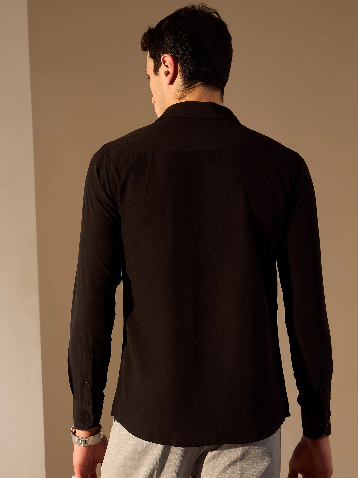 Black: Full Sleeves Embellished Polycotton Party Shirt
