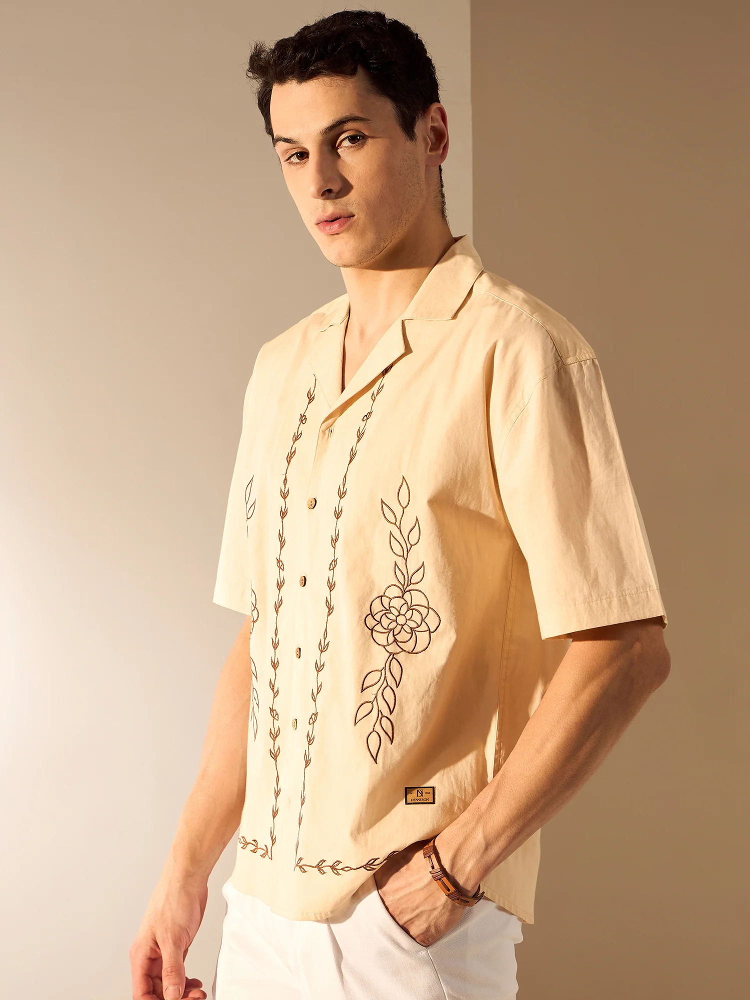 Beige:Half Sleeves Embroidery Cotton Shirt