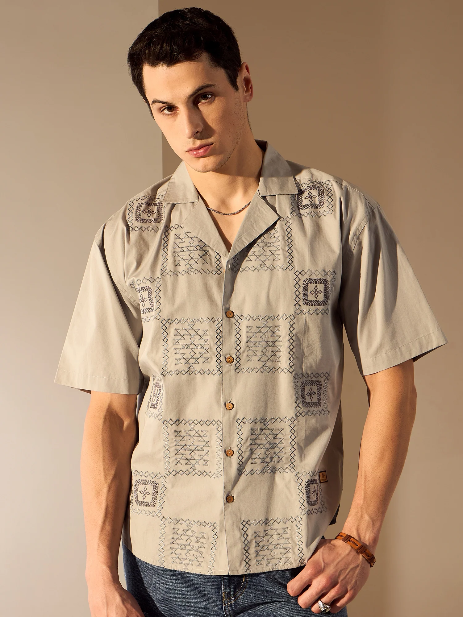 Grey: Half Sleeves Embroidery Shirt