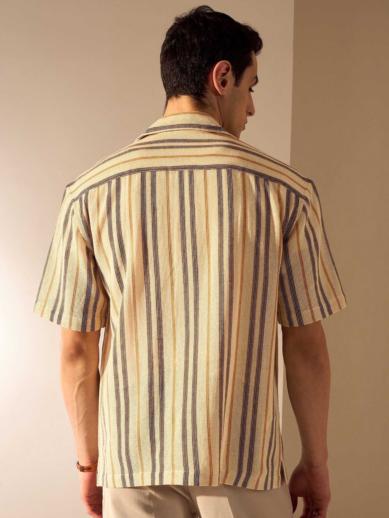 Beige & Brown: Half Sleeve Crochet Oversized Striped Shirt