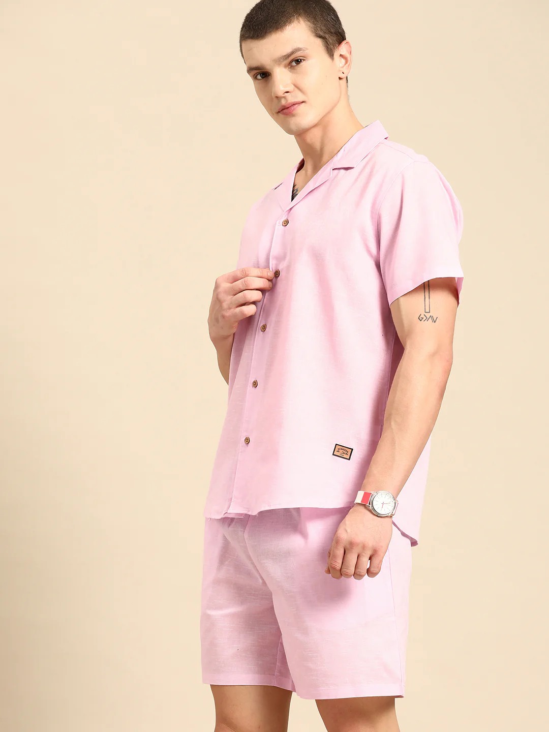 Dennison Solid Cuban Collar Comfort Fit Shirt With Shorts Co-ords