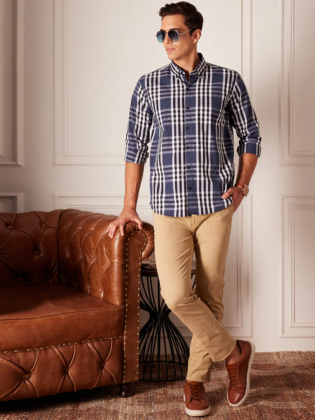 DENNISON Smart Tartan Checked Button-Down Collar Cotton Casual Shirt