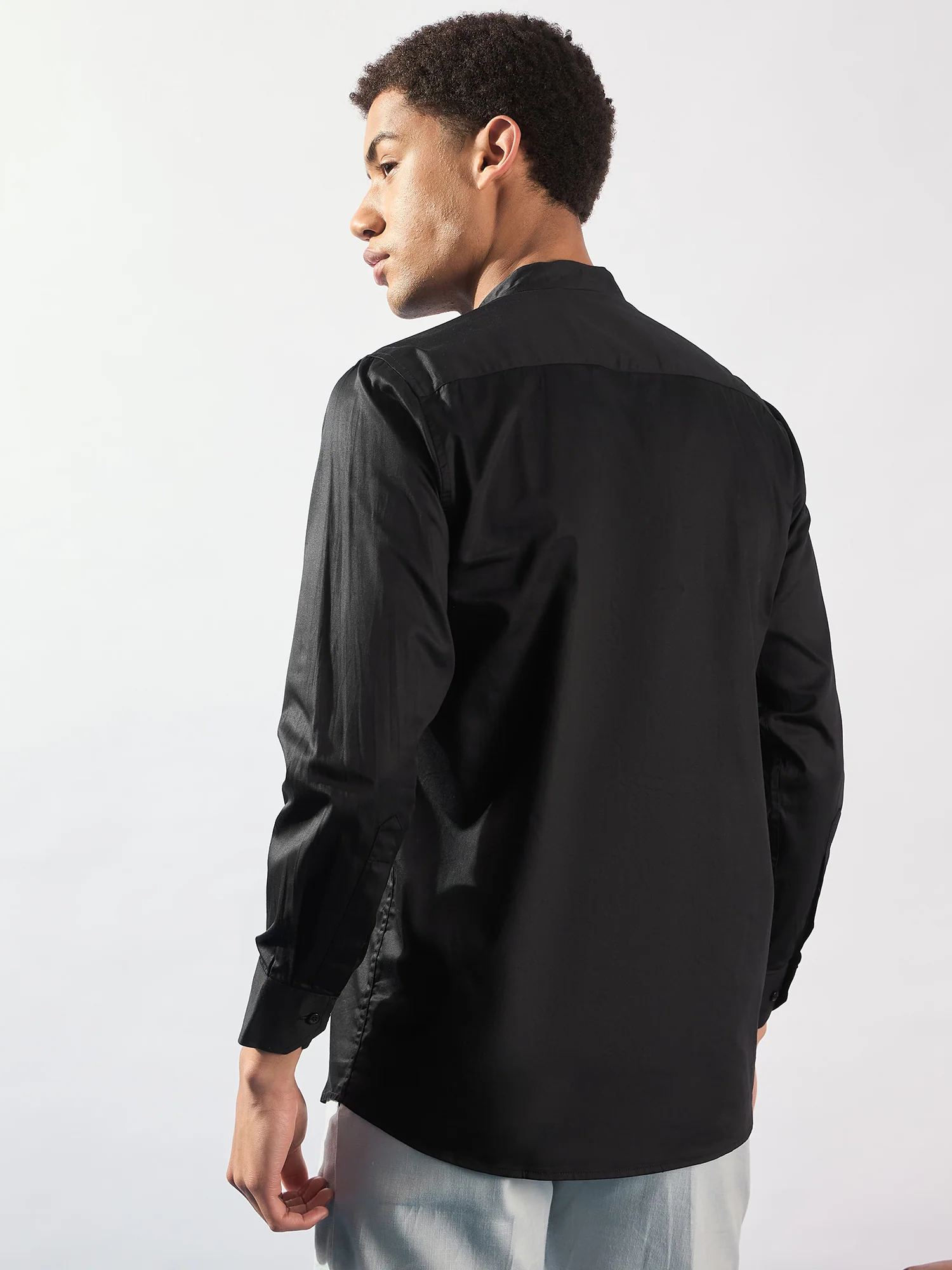 Black Mandarin Collar Cotton Casual Shirt