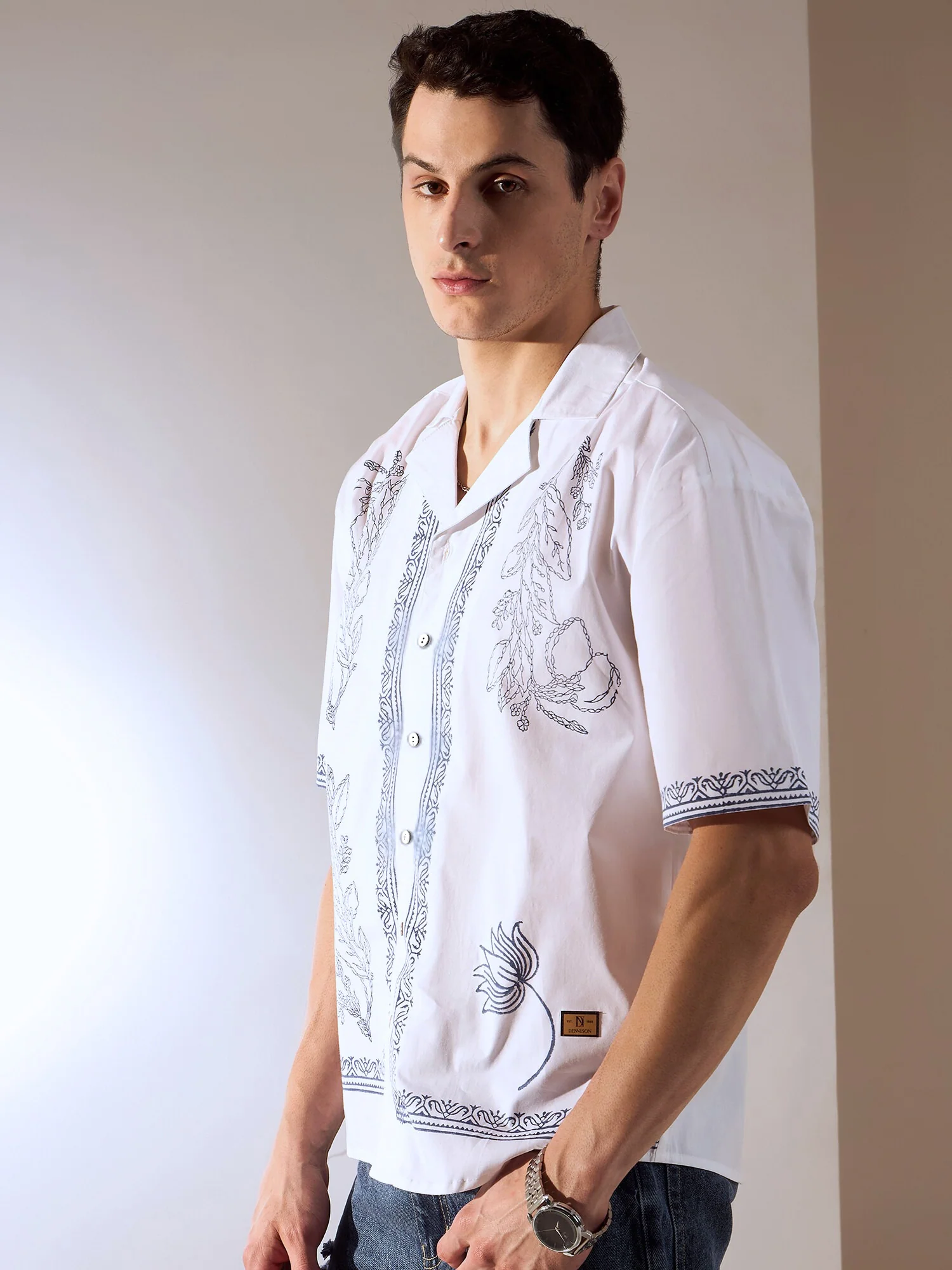 Off White: Half Sleeves Hand Block Oversized Shirt