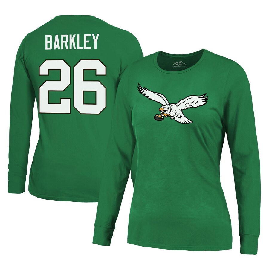 Women's Philadelphia Eagles Saquon Barkley Majestic Threads Midnight Green Name & Number Long Sleeve T-Shirt - Jersey