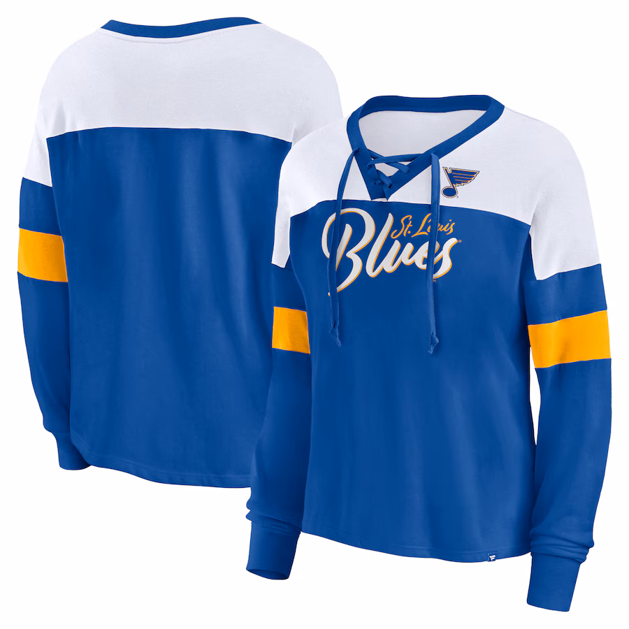 Women's St. Louis Blues Fanatics Blue Take the Shot Long Sleeve Lace-Up V-Neck T-Shirt - Jersey