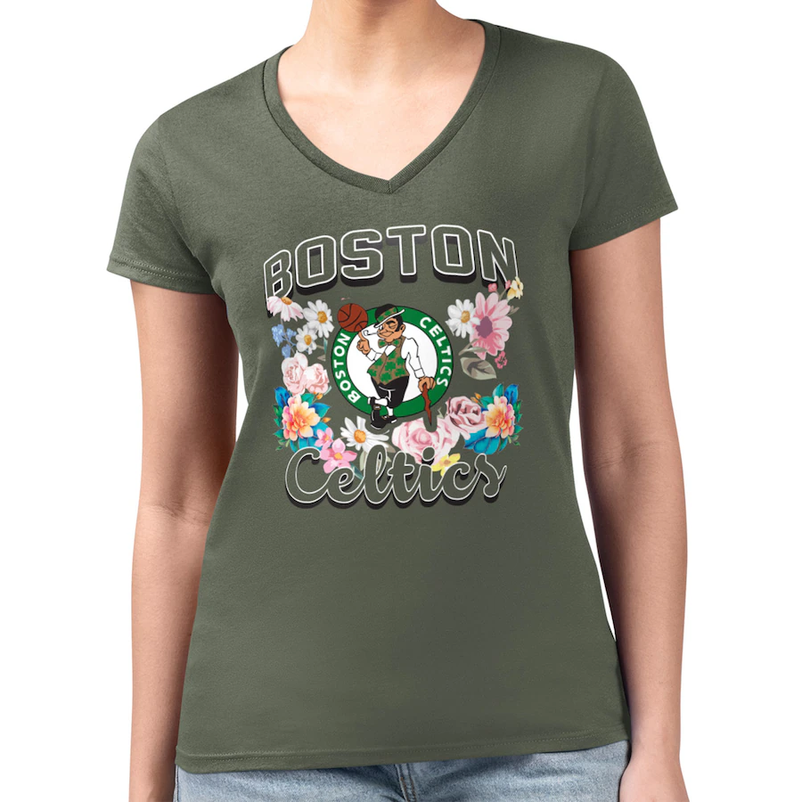 Women's Boston Celtics G-III 4Her by Carl Banks Olive Flowers Team Logo Graphic Fitted V-Neck T-Shirt - Jersey