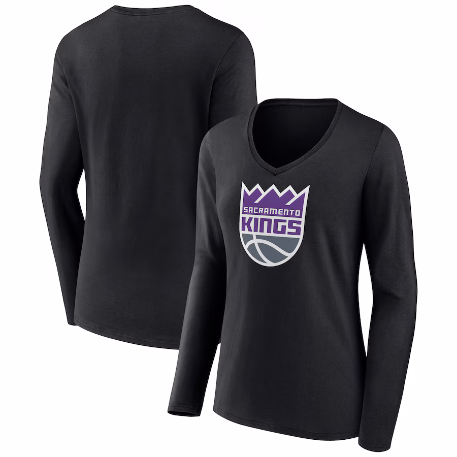Women's Sacramento Kings Black Logo Long Sleeve V-Neck T-Shirt - Jersey