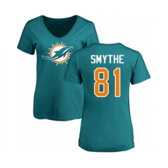 Football Women's Miami Dolphins #81 Durham Smythe Aqua Green Name & Number Logo T-Shirt - Jersey