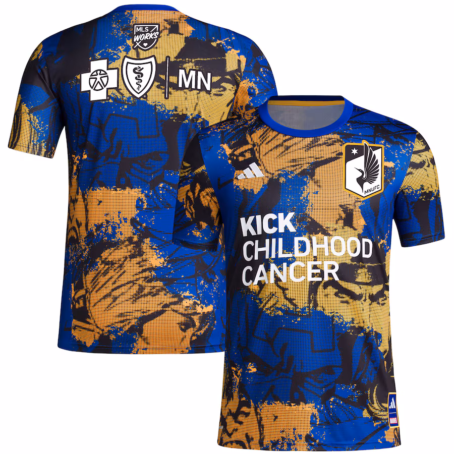 Men's Minnesota United FC adidas Royal 2023 MLS Works Kick Childhood Cancer x Marvel Pre-Match Top - Jersey