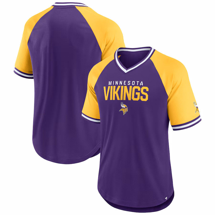 Men's Minnesota Vikings Fanatics Purple/Gold Hashmark Raglan T-Shirt - Jersey