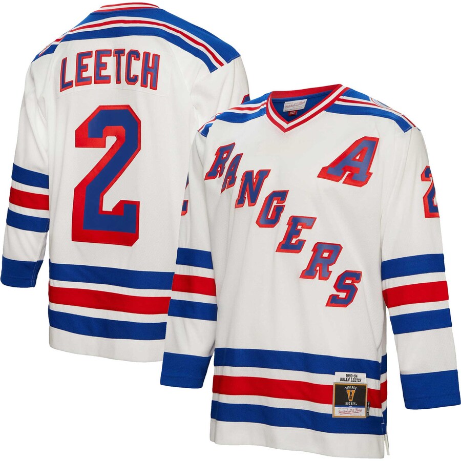 Men's New York Rangers Brian Leetch Mitchell & Ness White 1993/94 Alternate Captain Patch Blue Line Player Jersey - Jersey