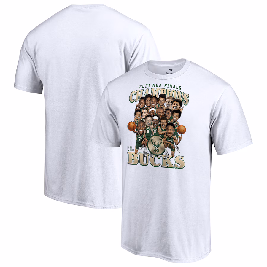 Men's Milwaukee Bucks Fanatics White 2021 NBA Finals Champions Team Caricature Roster T-Shirt - Jersey