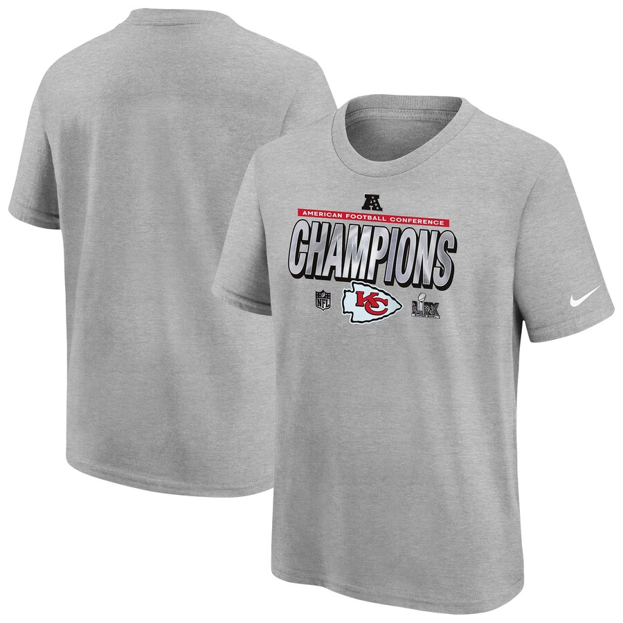 Youth Kansas City Chiefs Nike Heather Gray 2024 AFC Champions Locker Room Trophy Collection T-Shirt - Jersey
