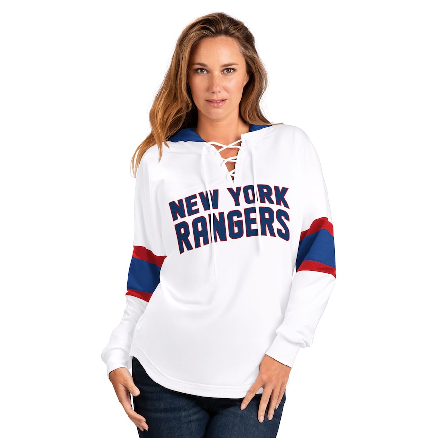 Women's New York Rangers G-III 4Her by Carl Banks White/Blue Goal Zone Long Sleeve Lace-Up Hoodie T-Shirt - Jersey