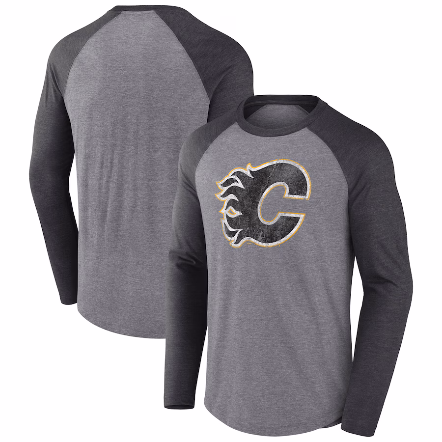 Men's Calgary Flames Fanatics Heather Gray Special Edition Long Sleeve Tri-Blend Raglan T-Shirt - Jersey