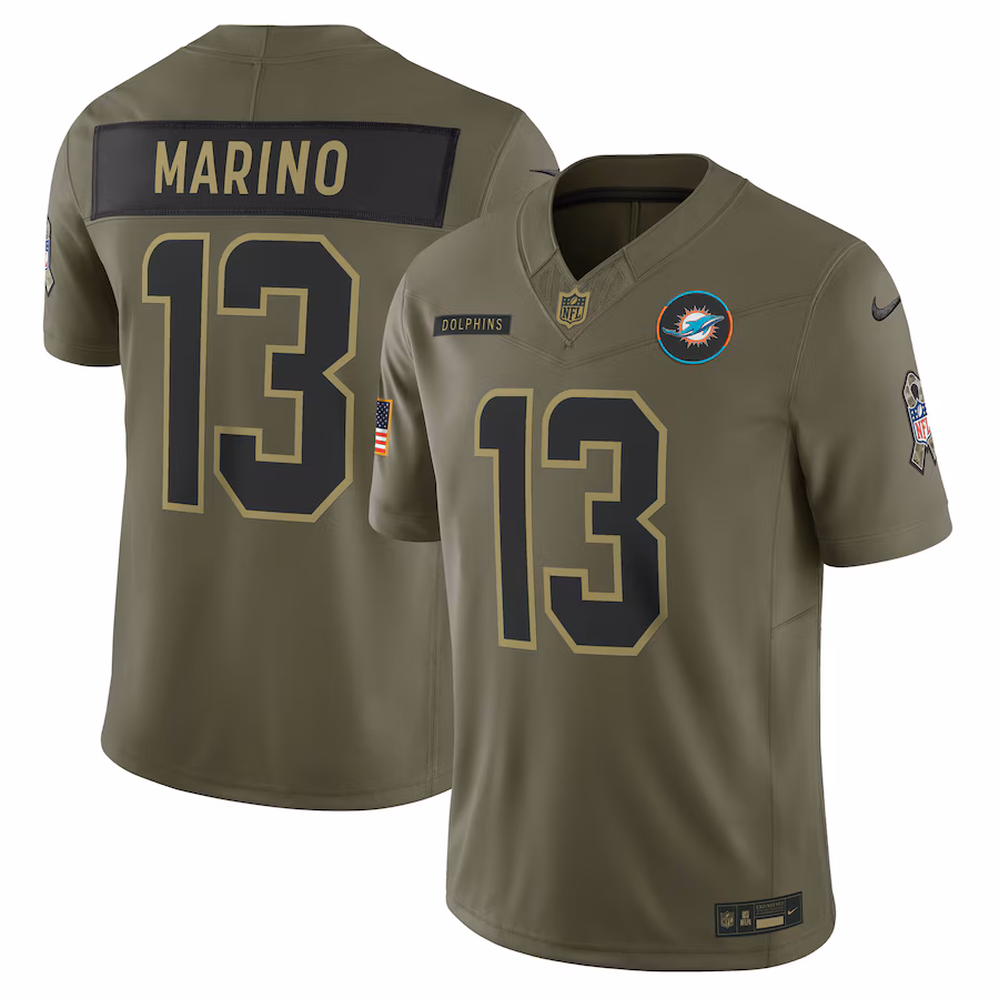Men's Miami Dolphins Dan Marino Nike Olive 2025 Salute to Service Retired Limited Jersey - Jersey