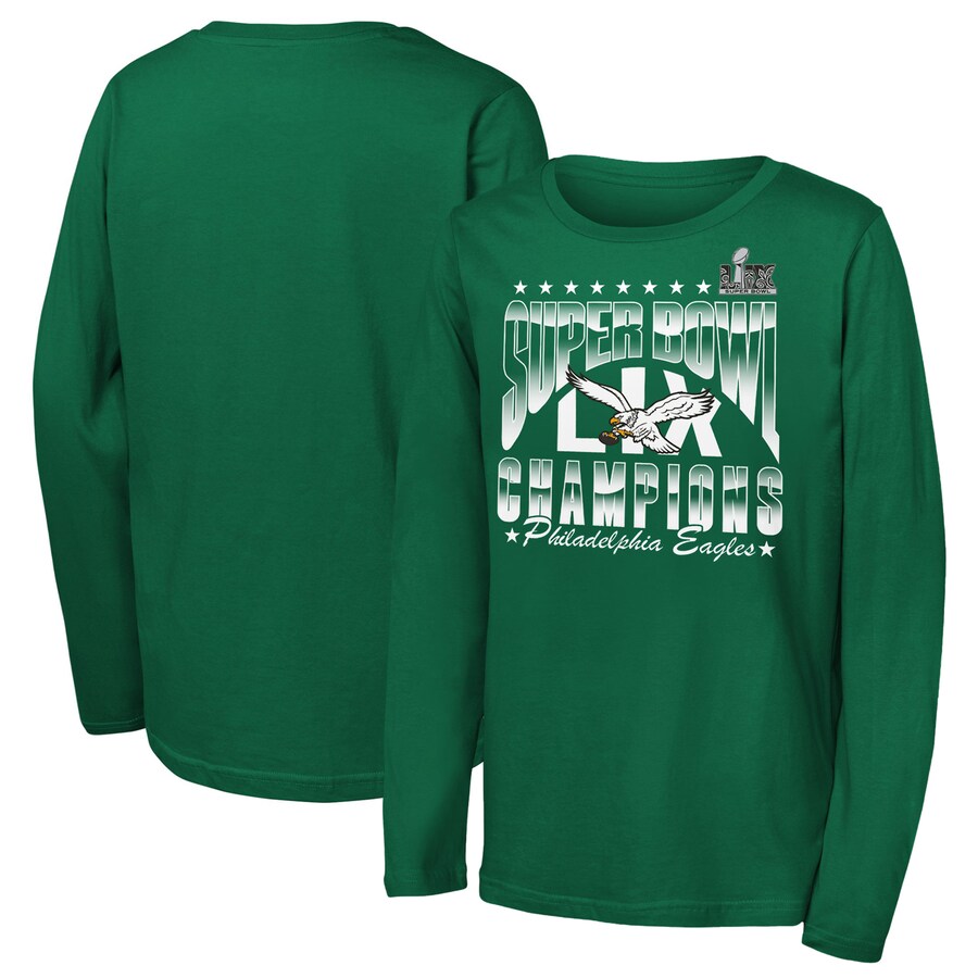 Youth Philadelphia Eagles Kelly Green Super Bowl LIX Champions Retro Arch Long Sleeve T-Shirt - Jersey