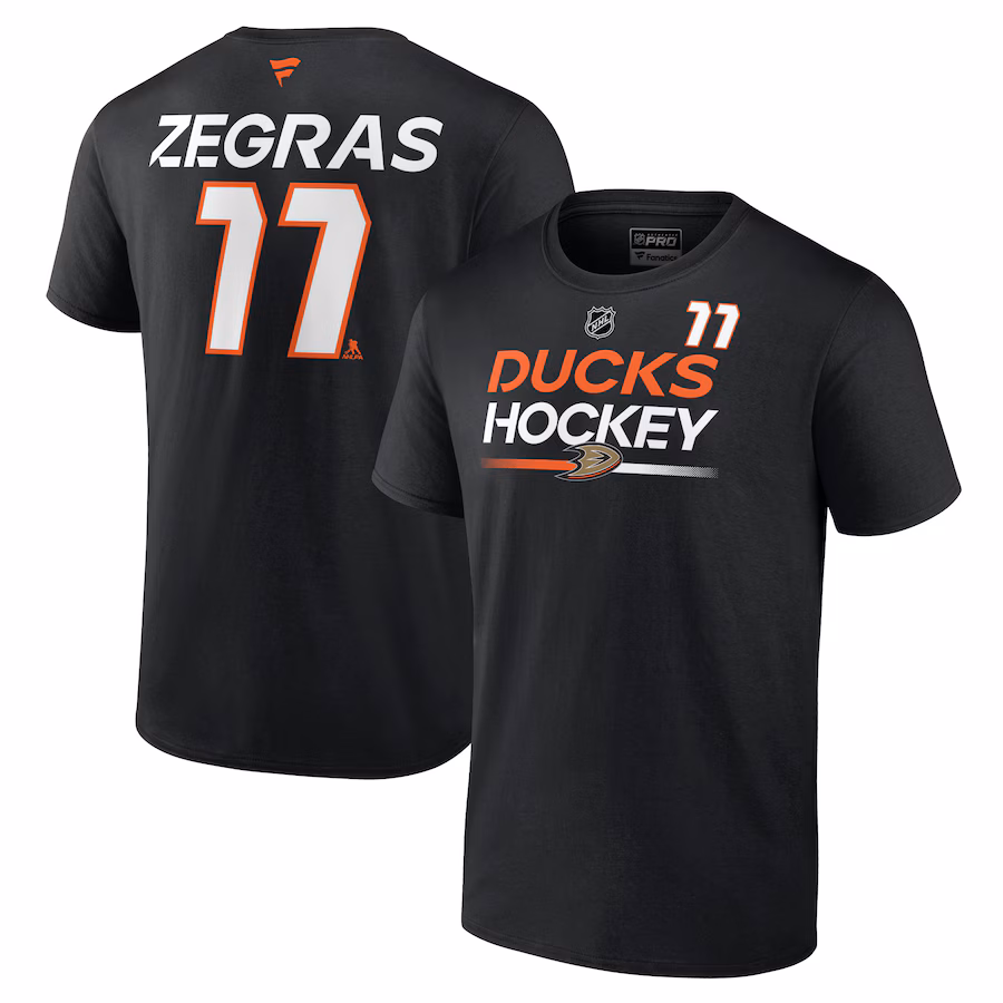 Men's Anaheim Ducks Trevor Zegras Fanatics Black Authentic Pro Prime Name & Number T-Shirt - Jersey