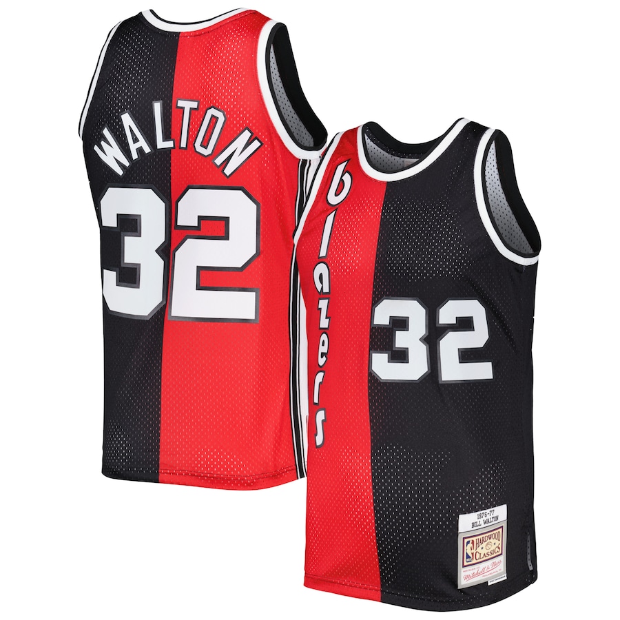 Men's Portland Trail Blazers Bill Walton Mitchell & Ness Red/Black Hardwood Classics 1976/77 Split Swingman Jersey - Jersey