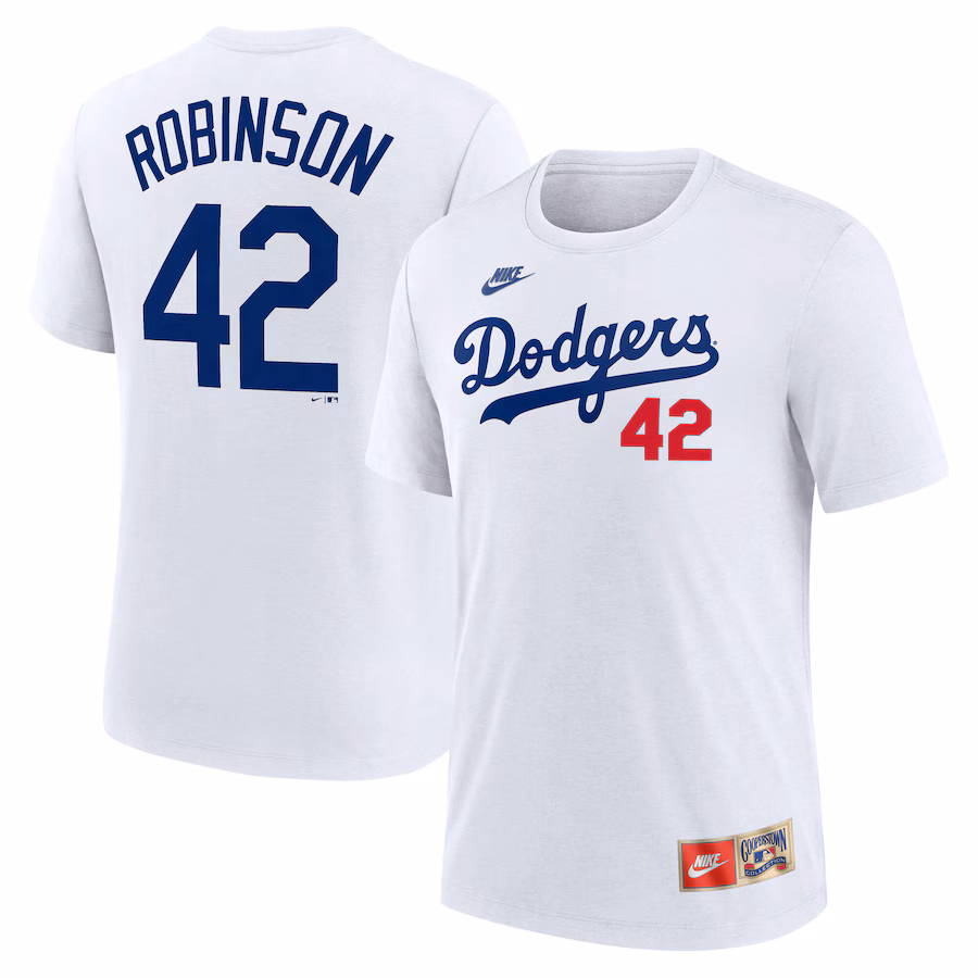 Men's Brooklyn Dodgers Jackie Robinson Nike White Cooperstown Collection Tri-Blend Name & Number T-Shirt - Jersey