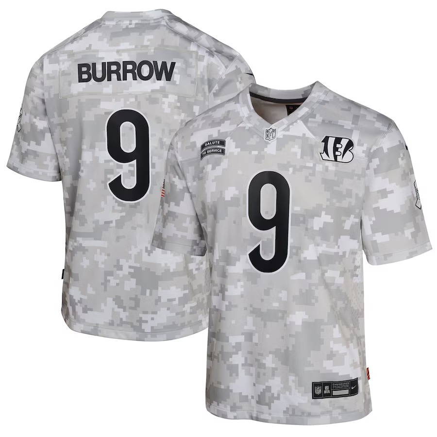 Youth Cincinnati Bengals Joe Burrow Nike Arctic Camo 2024 Salute to Service Game Jersey - Jersey
