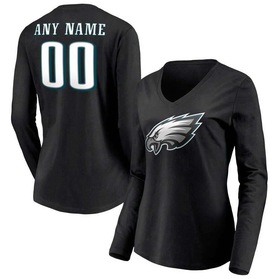 Women's Philadelphia Eagles Black Team Authentic Personalized Name & Number Long Sleeve V-Neck T-Shirt - Jersey